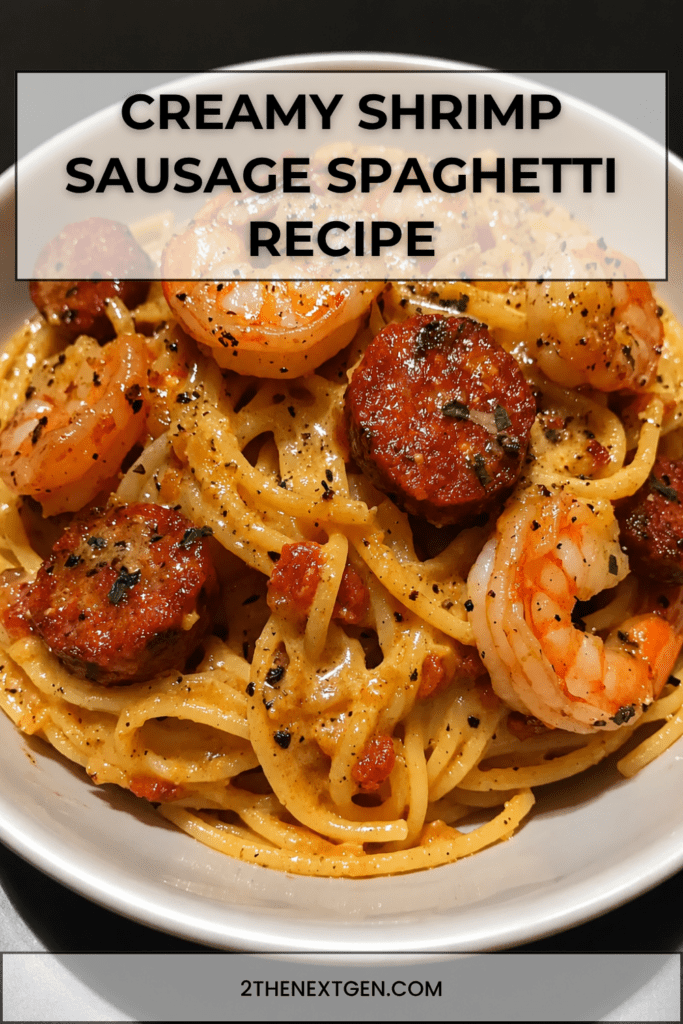 A creamy shrimp and sausage spaghetti dish served hot with tender pink shrimp, browned smoked sausage slices, parmesan cream sauce, fresh parsley, black pepper, and lemon.