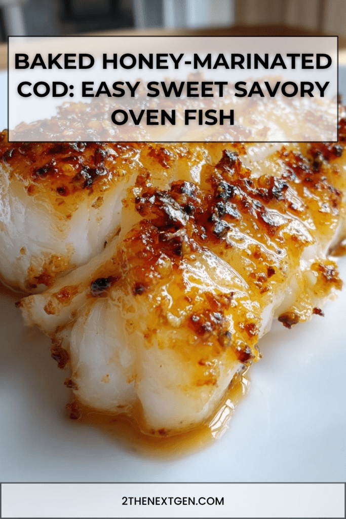 A close-up of baked honey-marinated cod fillets freshly removed from the oven, featuring a glossy caramelized honey-soy glaze, golden-brown edges, and a tender flaky texture. The fish is served in a baking dish lined with parchment paper, lightly garnished with herbs, showcasing a sweet and savory seafood dish ideal for a healthy dinner.