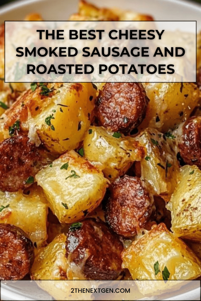 A top-down view of a baking sheet filled with golden roasted potato cubes and sliced smoked sausage, covered in bubbling melted cheese and garnished with parsley.