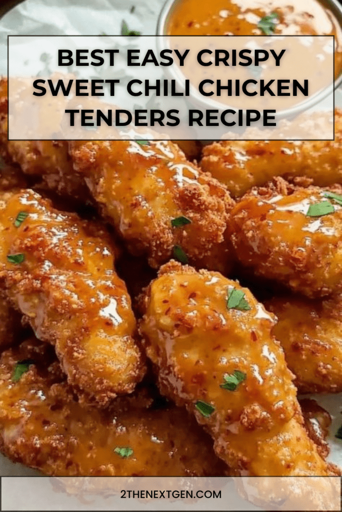 A platter of golden brown crispy chicken tenders covered in a shiny red sweet chili glaze and topped with finely chopped fresh green herbs.
