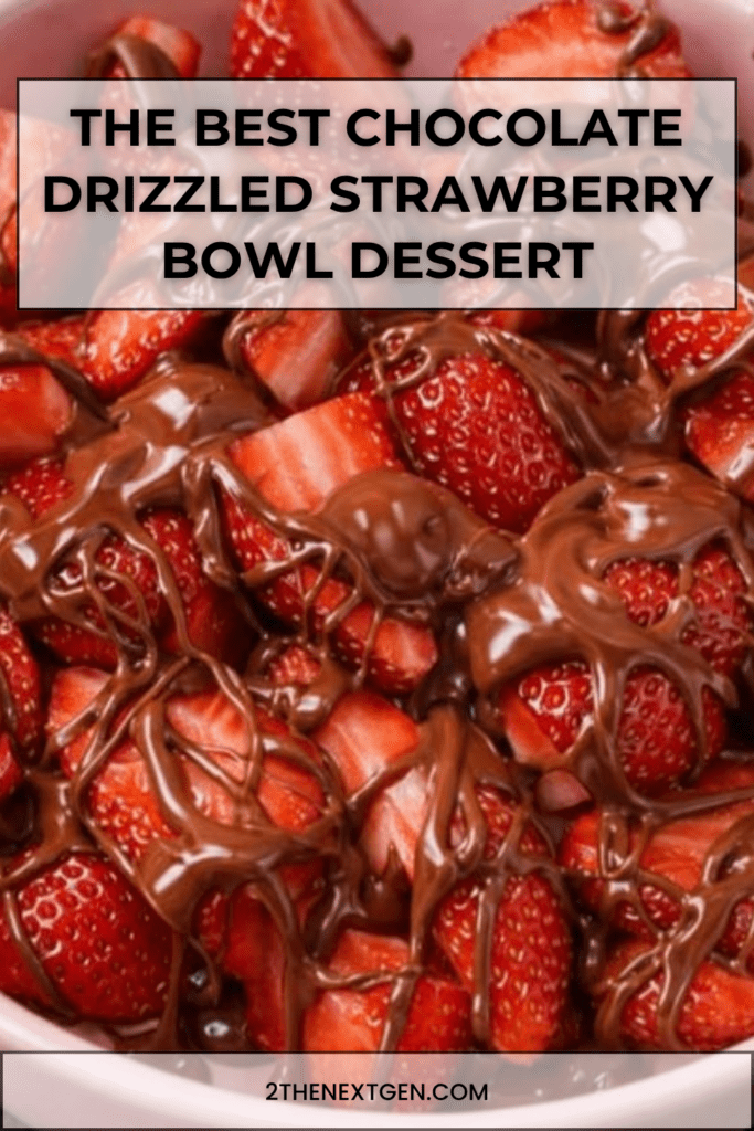 A white ceramic bowl filled with fresh red strawberry halves heavily drizzled with shiny melted dark chocolate against a clean white background.