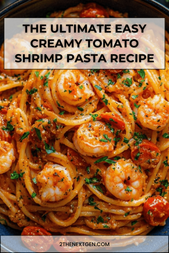 A white bowl filled with swirling spaghetti and juicy pink shrimp coated in a pink creamy tomato sauce, finished with halved cherry tomatoes and green parsley.