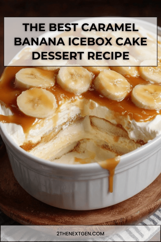 A rectangular baking dish showing layers of soft cookies, fluffy white cream, and sliced bananas, all topped with a generous drizzle of glossy golden caramel sauce.