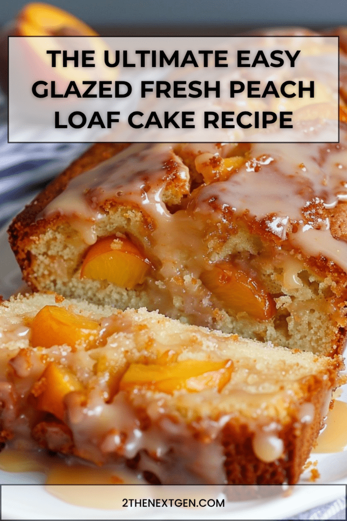 A golden brown peach loaf cake resting on a wire rack, topped with fresh peach slices and covered in a thick white glaze dripping down the sides.