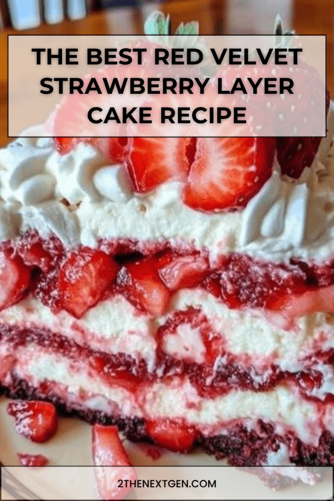 A spectacular four-layer red velvet cake filled with bright white cream cheese frosting and sliced strawberries, displayed elegantly on a glass cake stand.