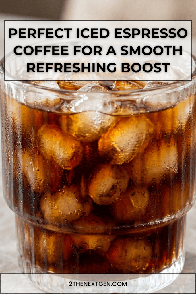 A ribbed glass tumbler filled with bullet-shaped ice cubes and freshly poured iced espresso coffee. The dark coffee cascades over the ice, creating beautiful swirling patterns in a clear aesthetic glass, served as a refreshing homemade cold coffee beverage.