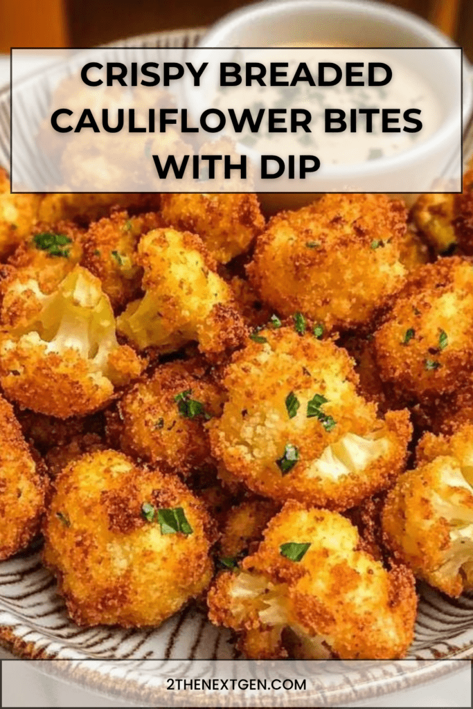 Golden crispy breaded cauliflower bites served hot with a creamy yogurt dipping sauce, fresh parsley, and lemon on the side.