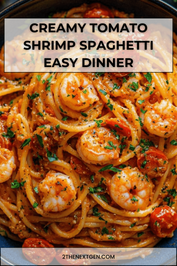 Creamy tomato shrimp spaghetti served with tender shrimp, cherry tomatoes, parmesan, black pepper, and fresh parsley on top.