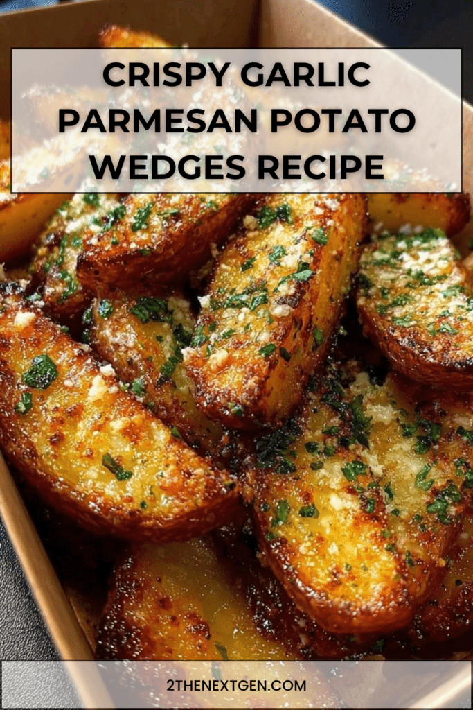 Crispy garlic parmesan potato wedges served hot with fresh parsley, extra parmesan, and a creamy dipping sauce on the side.