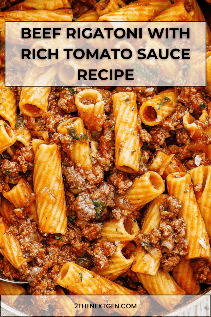 Beef rigatoni with rich tomato sauce served with grated parmesan, fresh parsley, black pepper, and tender ground beef sauce.