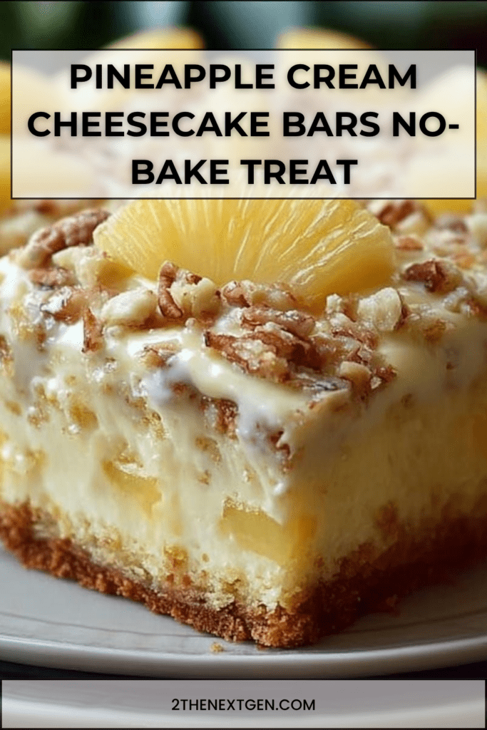 Pineapple cream cheesecake bars with a buttery biscuit crust, creamy cheesecake filling, pineapple topping, chopped nuts, and caramel drizzle.