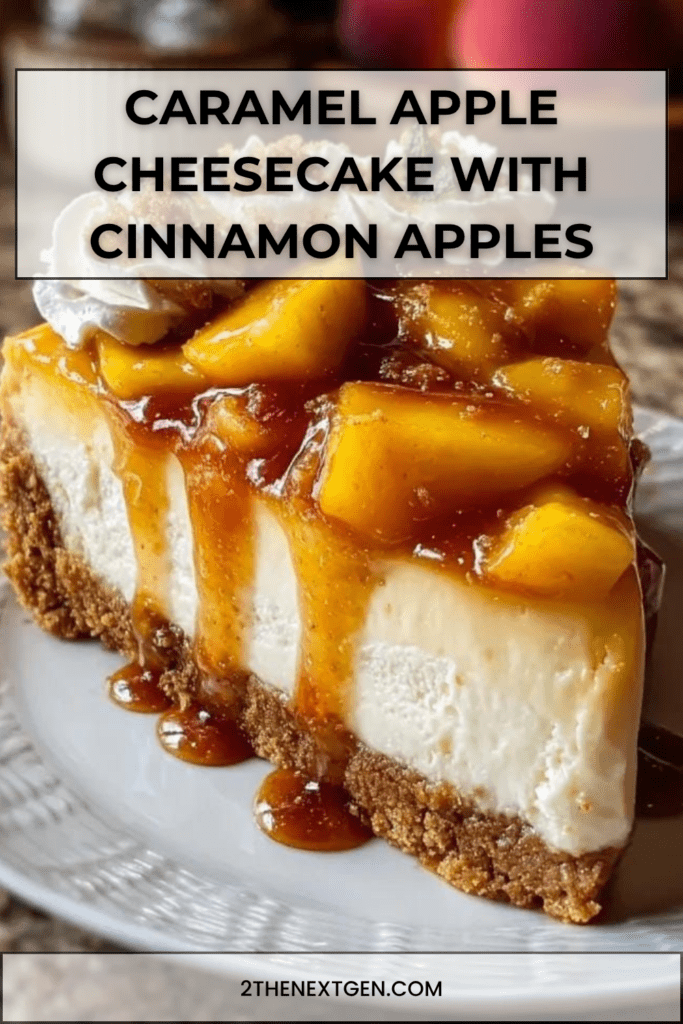 Caramel apple cheesecake topped with cinnamon caramel apples, whipped cream, crushed biscuits, chopped nuts, and caramel drizzle.