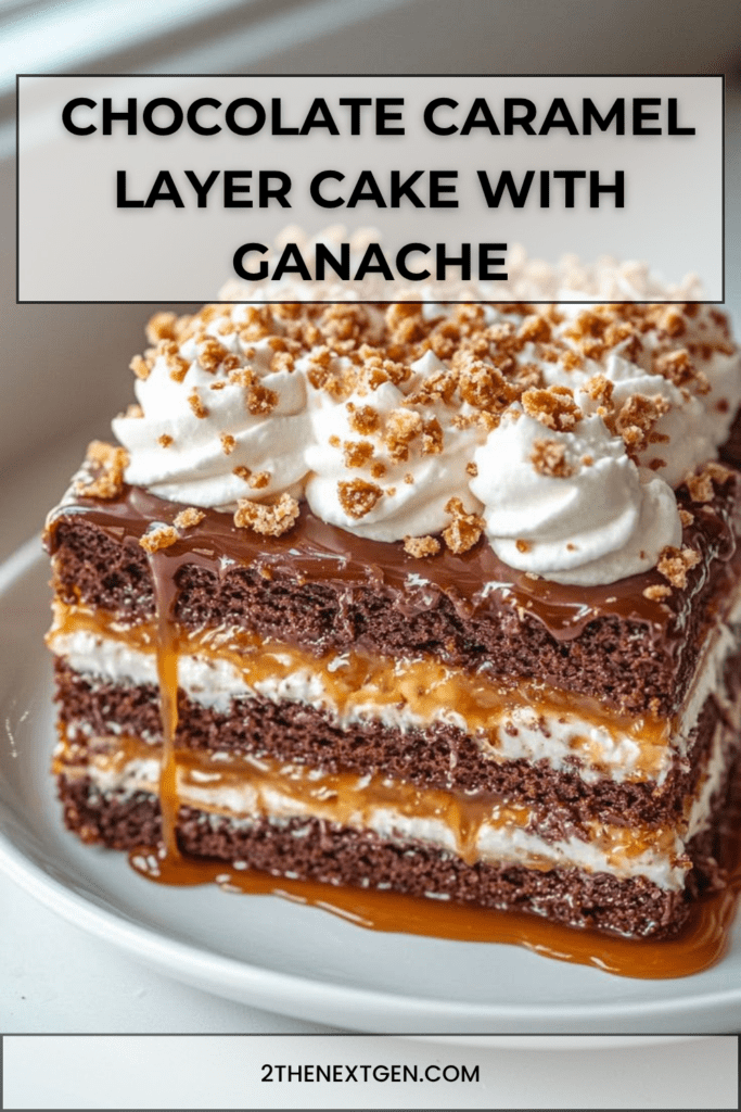 Chocolate caramel layer cake with three chocolate sponge layers, mascarpone cream filling, caramel drizzle, glossy ganache, and whipped cream decoration.