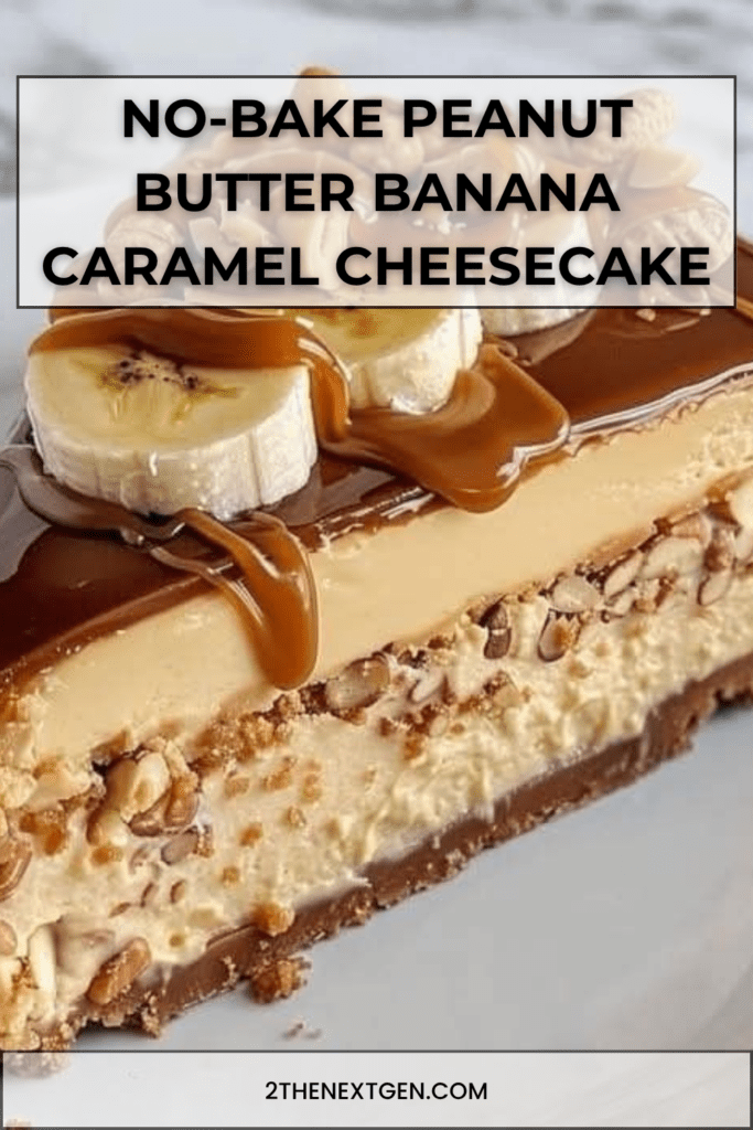 No-bake peanut butter banana caramel cheesecake topped with banana slices, caramel sauce, roasted peanuts, mini cookies, and peanut butter drizzle.
