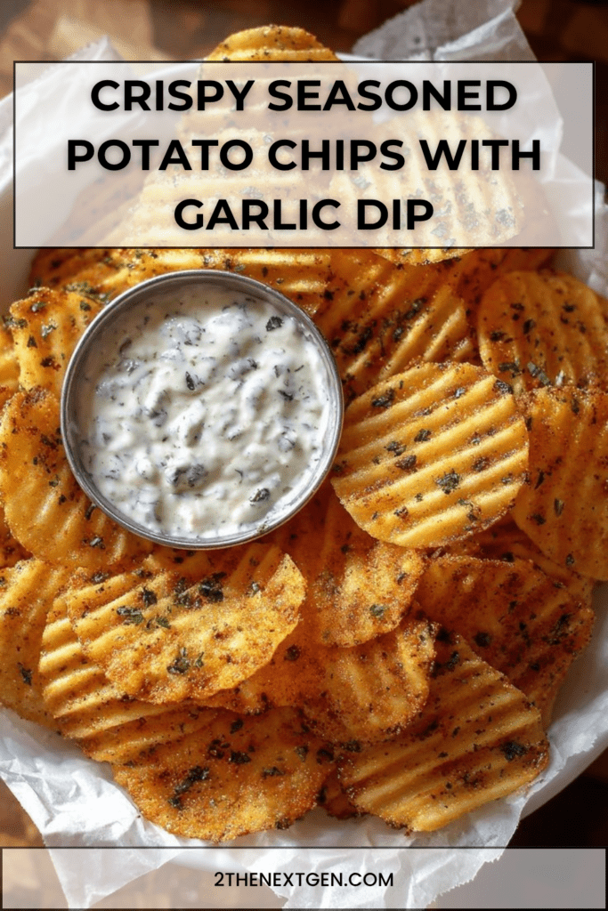 Crispy seasoned potato chips served warm with creamy garlic herb dip, fresh parsley, grated parmesan, and golden edges.