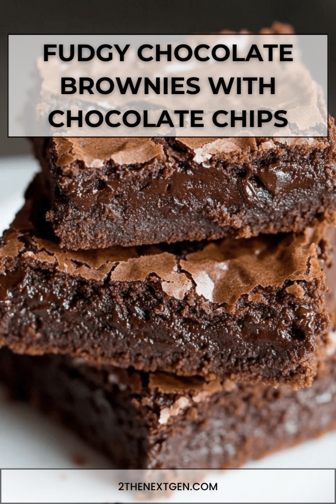 Fudgy chocolate brownies sliced into squares with a shiny crackly top, rich chocolate center, and melted chocolate chips.