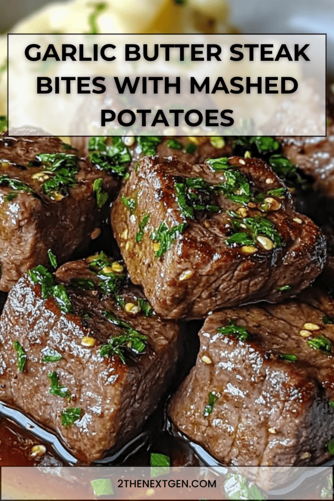 Garlic butter steak bites served over creamy mashed potatoes with garlic butter sauce, fresh parsley, sesame seeds, and black pepper.