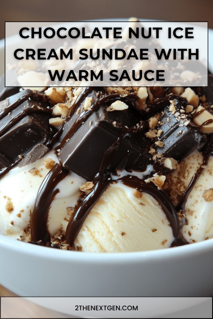 Chocolate nut ice cream sundae with vanilla ice cream, warm chocolate sauce, toasted nuts, chocolate chunks, whipped cream, and caramel drizzle.
