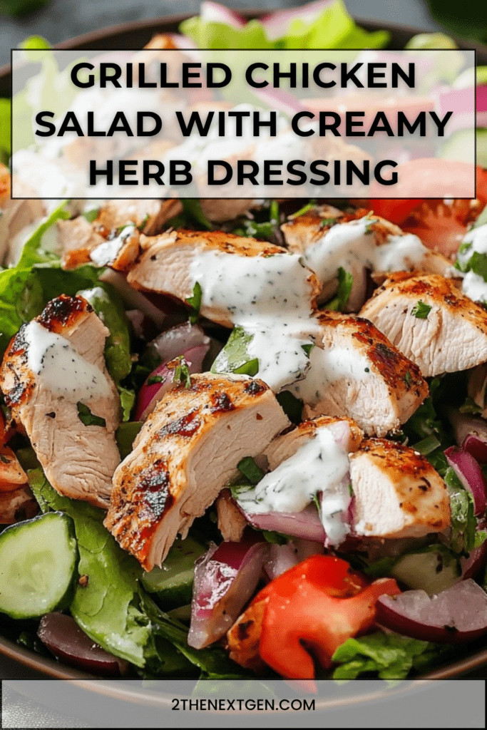 Grilled chicken salad with sliced chicken breast, romaine lettuce, tomatoes, cucumber, red onion, fresh herbs, and creamy herb dressing.