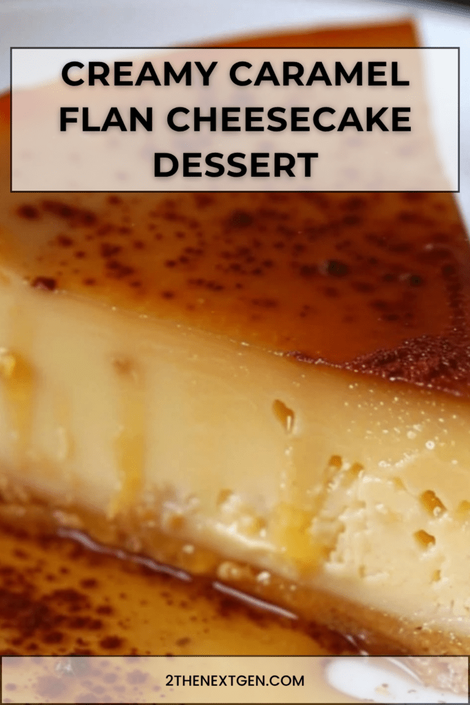 Creamy caramel flan cheesecake served cold with glossy caramel dripping over the top, a biscuit crust layer, and smooth cheesecake filling.