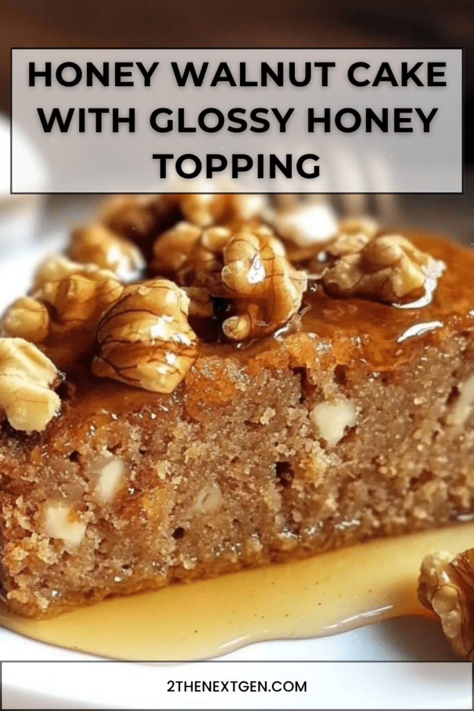 Honey walnut cake topped with glossy honey glaze and walnut halves, sliced on a plate with a moist nutty crumb and golden topping.