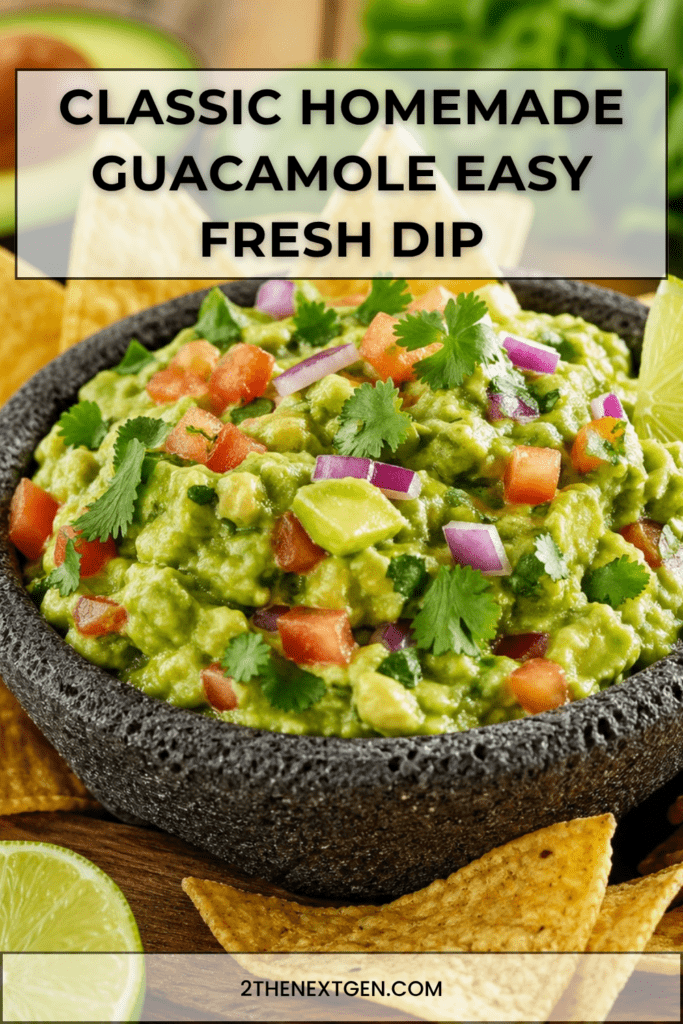Classic homemade guacamole served in a bowl with ripe avocado, diced tomato, red onion, cilantro, lime wedges, and tortilla chips.