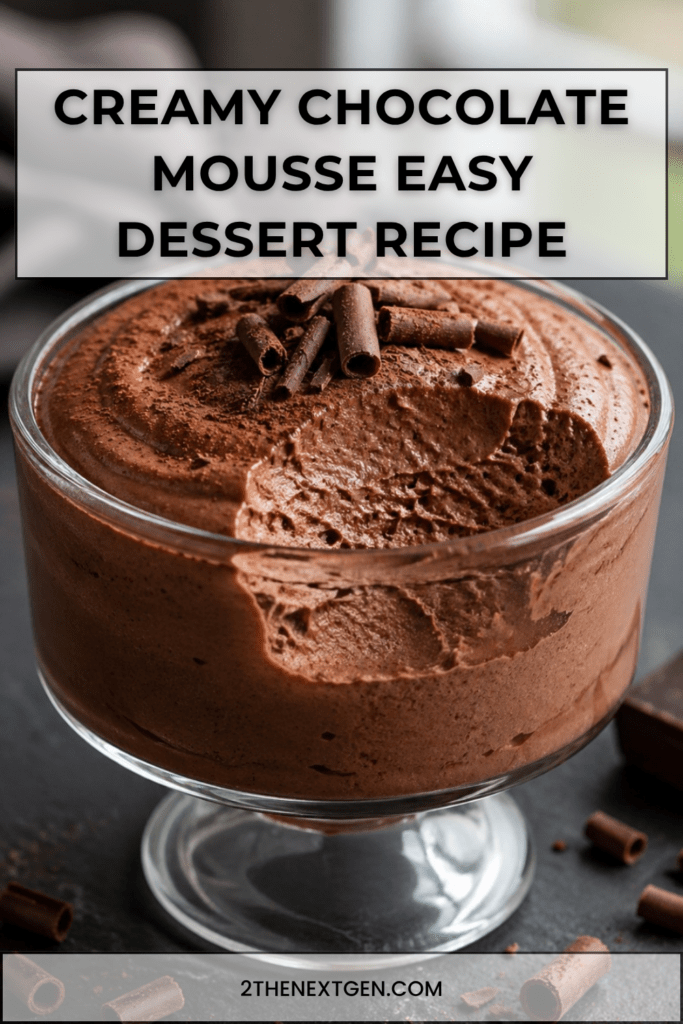 Creamy chocolate mousse served in glasses with cocoa powder, chocolate curls, whipped cream, and a smooth airy chocolate texture.