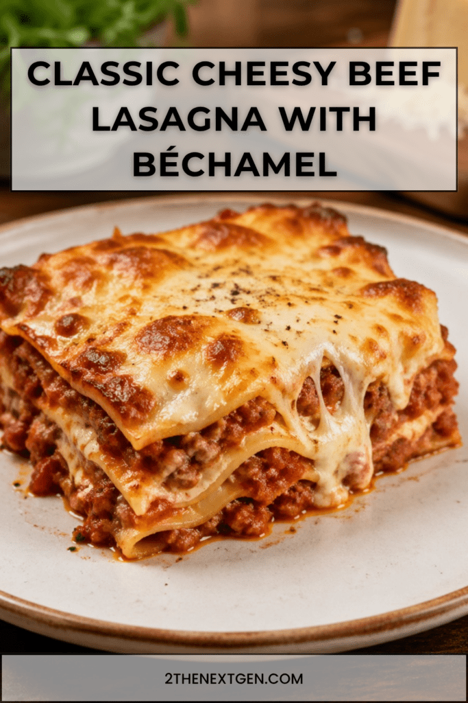 Classic cheesy beef lasagna sliced into layers with rich beef tomato sauce, creamy béchamel, melted mozzarella, parmesan, and parsley.