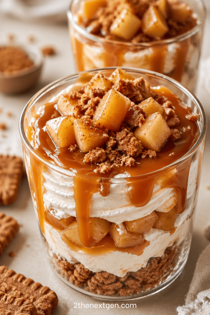 Caramel apple speculoos dessert cups layered with mascarpone cream, caramelized cinnamon apples, crushed Biscoff cookies, and caramel sauce.