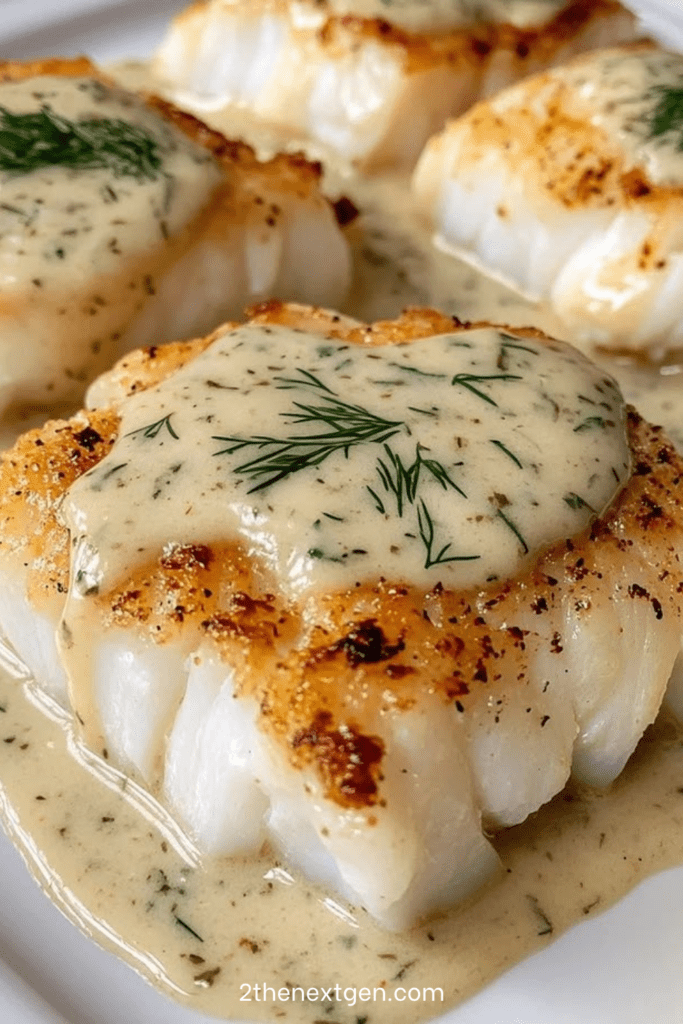 Pan-seared cod fillets served with creamy dill sauce, lemon wedges, fresh dill, black pepper, and roasted potatoes on the side.
