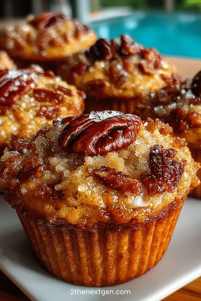 Honey pecan muffins with a sticky pecan topping, golden muffin crumb, glossy honey drizzle, and chopped pecans served with coffee.