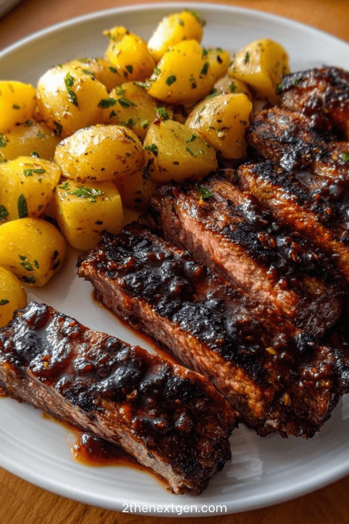 Sticky garlic steak slices served with golden herb potatoes, glossy honey garlic sauce, fresh parsley, and crispy potato edges.