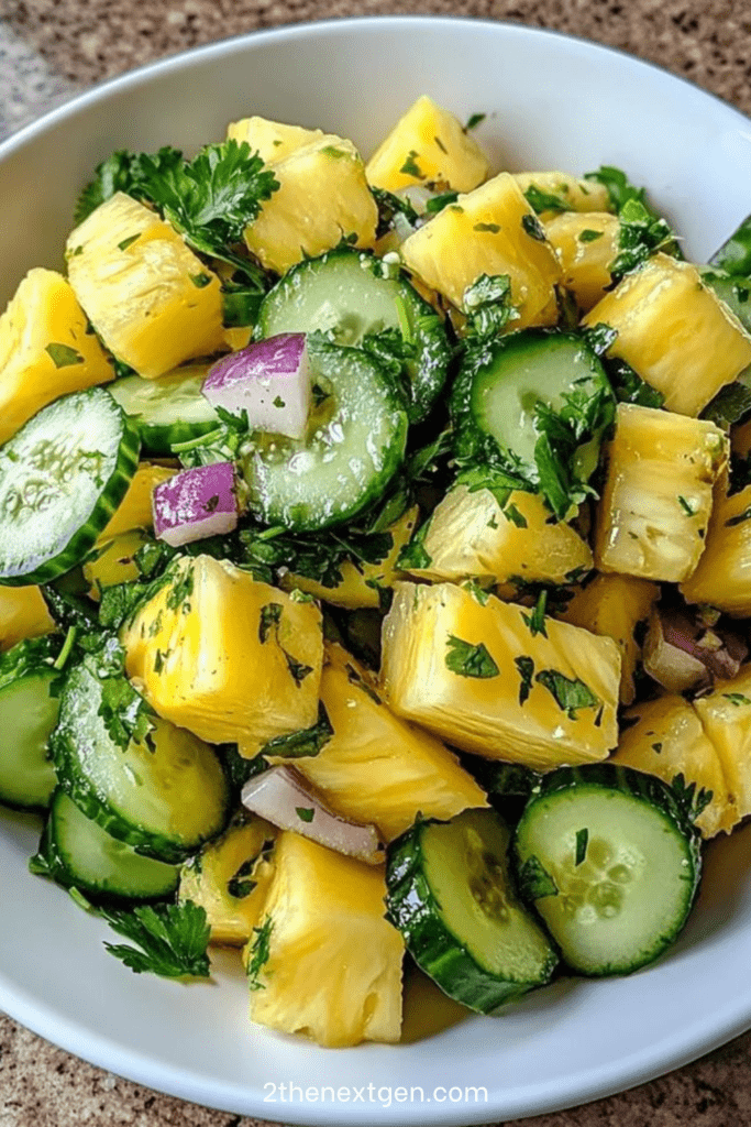 Fresh pineapple cucumber salad with juicy pineapple cubes, cucumber slices, red onion, herbs, lime dressing, and chili flakes in a bowl.