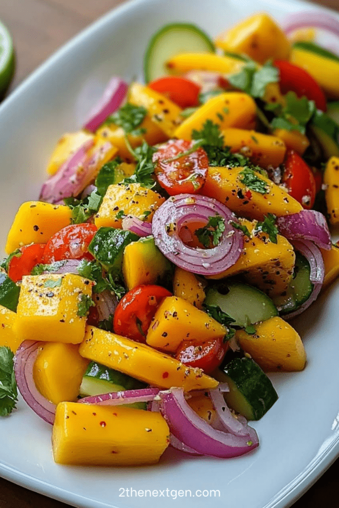 Fresh mango cucumber salad with ripe mango cubes, cucumber, cherry tomatoes, red onion, cilantro, lime dressing, and chili flakes.