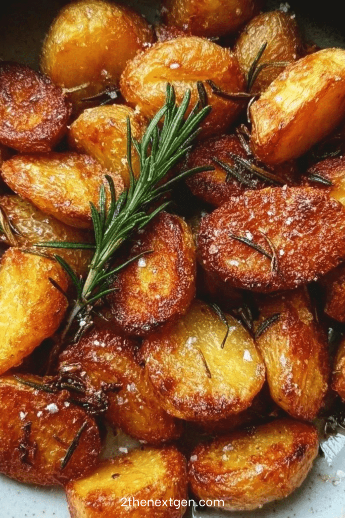 Crispy rosemary roasted potatoes served golden and hot with garlic, fresh rosemary, flaky sea salt, and crispy roasted edges.
