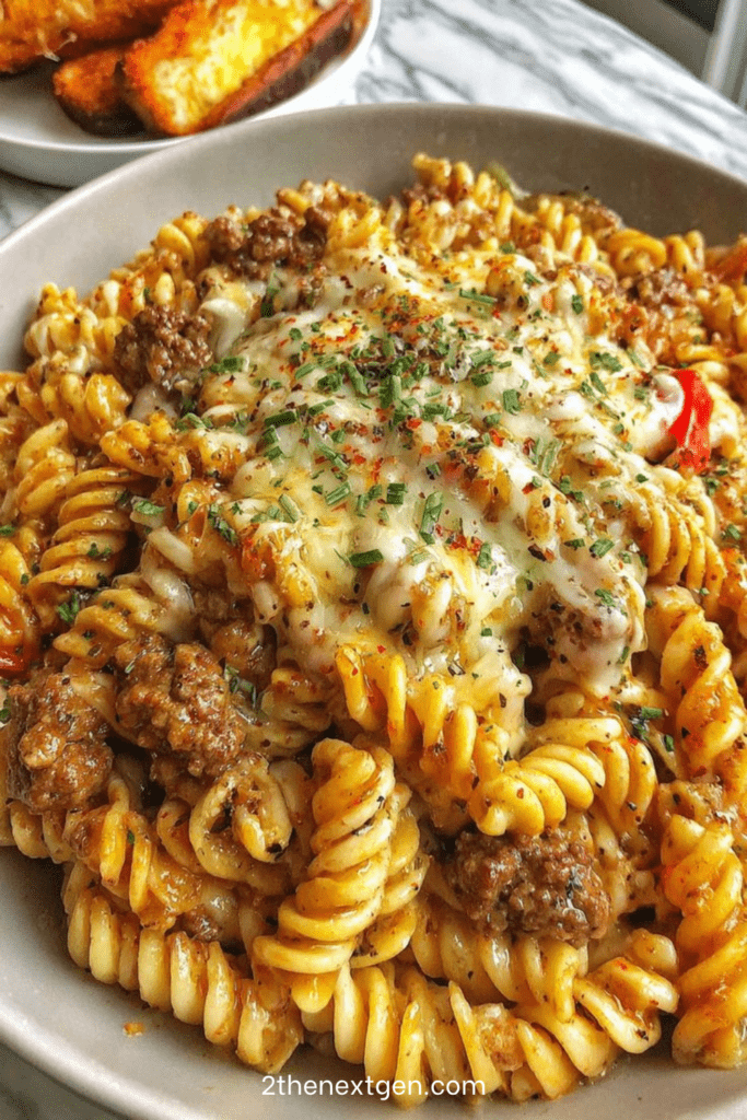 Cheesy beef fusilli pasta bake served hot with melted mozzarella, cheddar, parmesan, rich beef tomato sauce, and fresh parsley.
