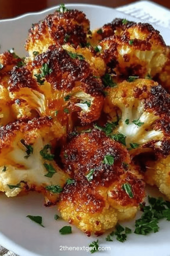 Crispy roasted cauliflower florets served golden with parmesan, garlic, paprika, fresh parsley, lemon juice, and crispy roasted edges.