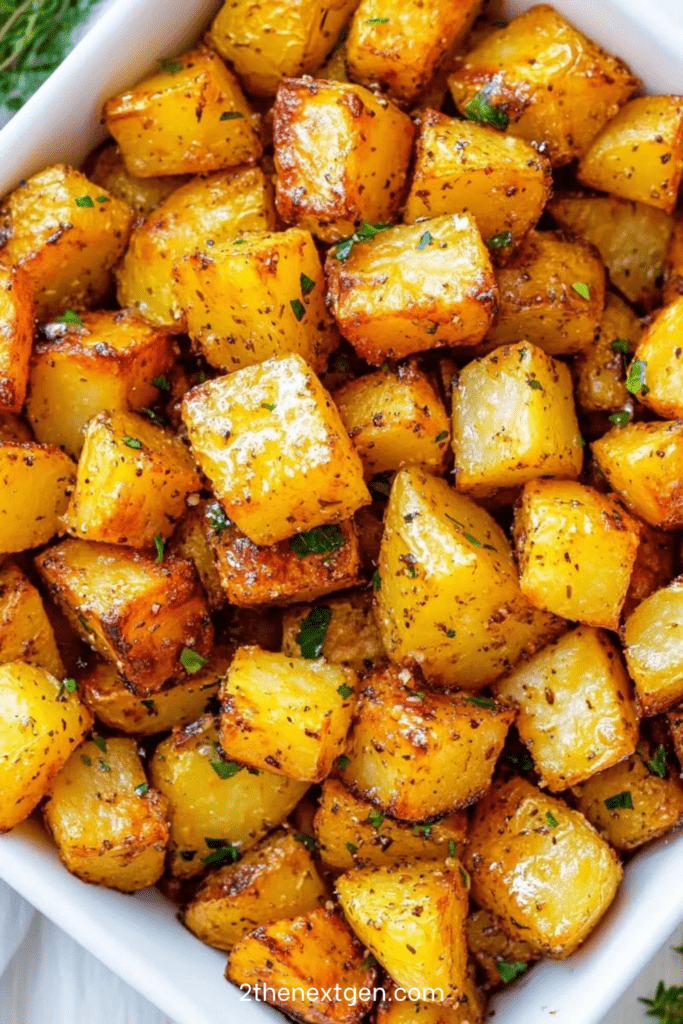 Crispy oven-roasted potatoes served golden with garlic, paprika, herbs, fresh parsley, crispy edges, and a tender fluffy center.