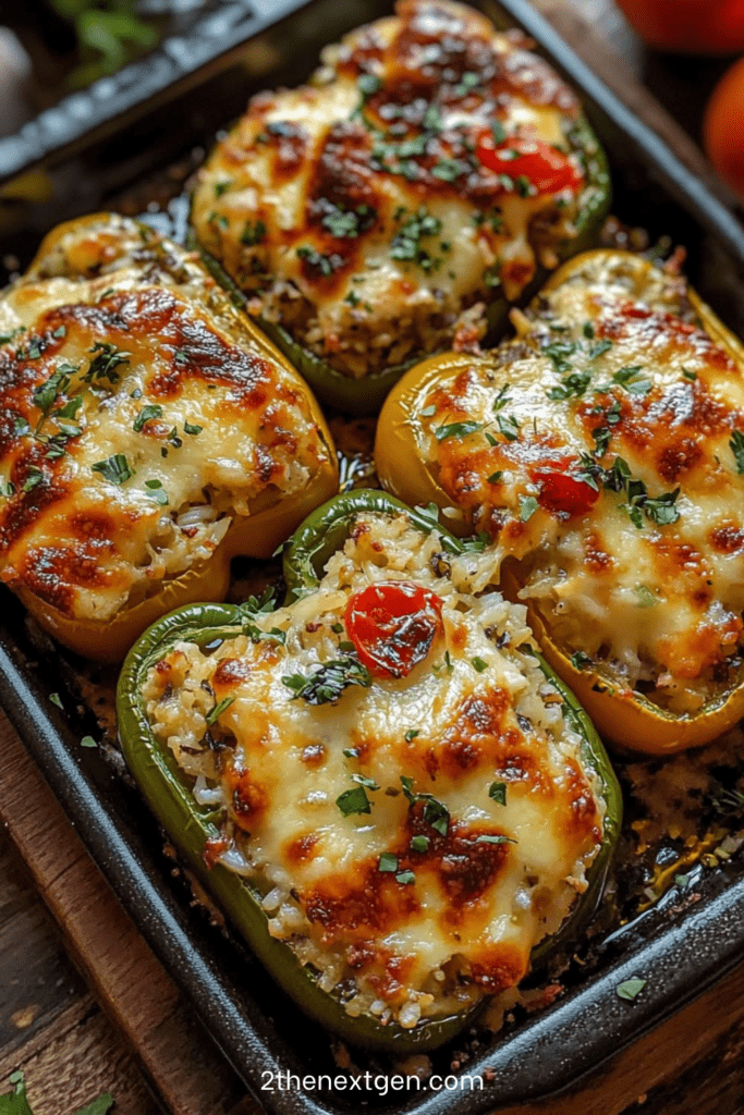 Cheesy stuffed bell peppers filled with rice, ground meat, cherry tomatoes, mozzarella, parmesan, and fresh parsley baked until golden.