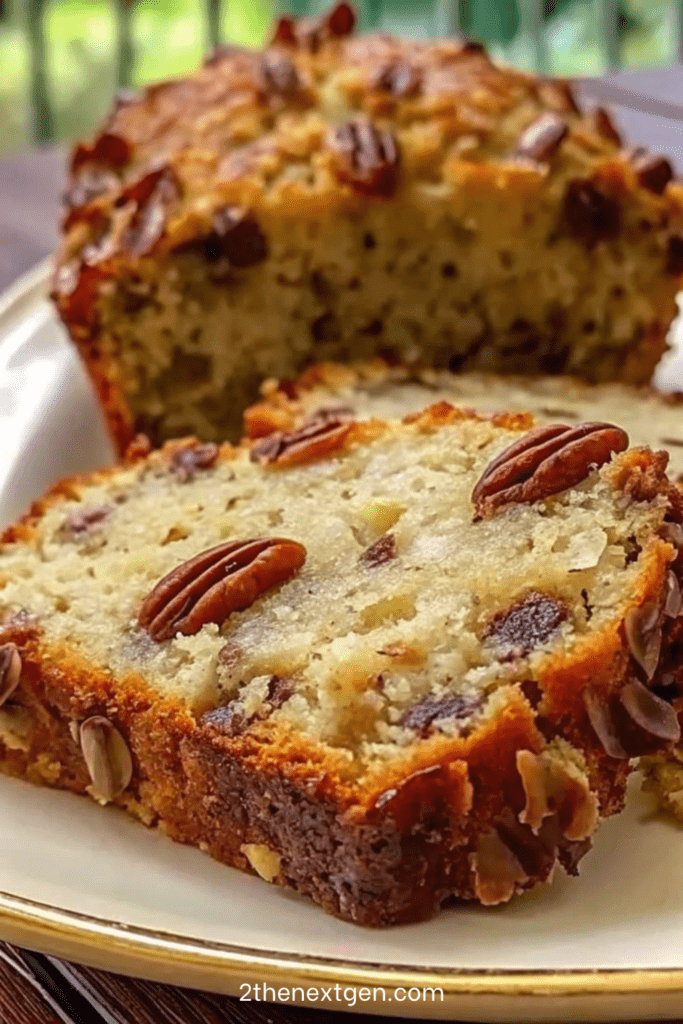Moist pecan banana bread sliced on a plate with crunchy pecans on top, soft banana crumb, and optional chocolate chips inside.
