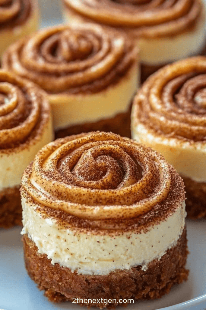 Mini cinnamon roll cheesecakes with a cinnamon swirl, buttery biscuit crust, creamy cheesecake filling, and caramel drizzle on top.