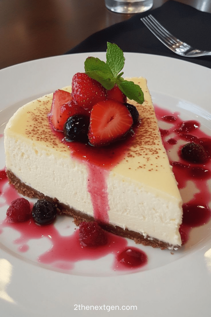 Classic cheesecake topped with homemade berry sauce, fresh strawberries, blueberries, raspberries, mint leaves, and a buttery biscuit crust.