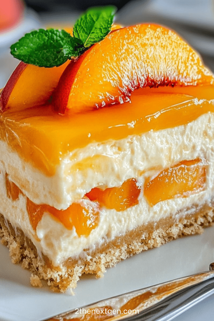 No-bake peach cream cheesecake with a buttery biscuit crust, creamy peach filling, glossy peach topping, peach slices, and mint leaves.