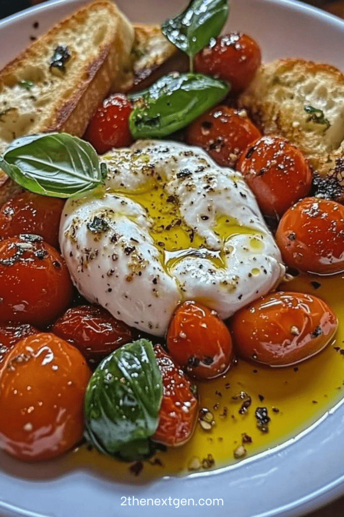 Burrata served with roasted cherry tomatoes, garlic toast, fresh basil, olive oil, flaky sea salt, and black pepper on a plate.