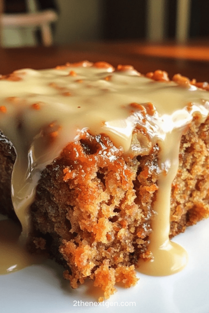 Moist carrot cake topped with cream cheese glaze, chopped nuts, grated carrots, and a soft spiced crumb served on a plate.