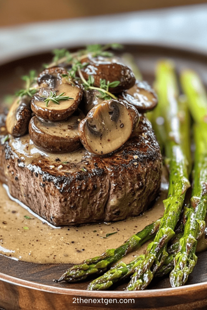 Seared steak served with creamy mushroom sauce, sautéed asparagus, fresh thyme, garlic butter, and cracked black pepper on a plate.