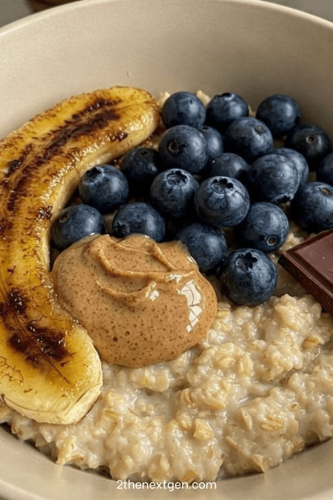 Creamy oatmeal bowl topped with caramelized banana halves, fresh blueberries, peanut butter, dark chocolate, and a drizzle of honey.