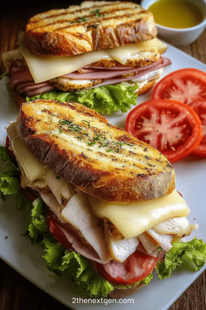 Grilled chicken ham and cheese sandwich with crispy sourdough bread, sliced chicken, ham, melted cheese, lettuce, tomato, and sauce.