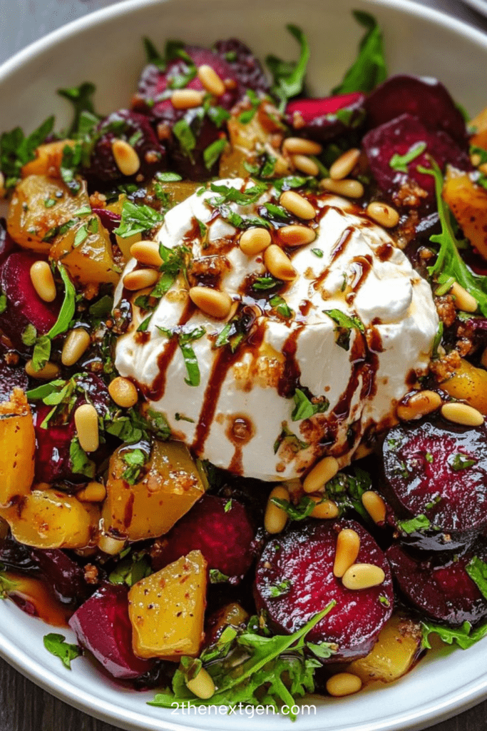 Roasted beet and potato burrata salad with arugula, creamy burrata, toasted pine nuts, balsamic glaze, parsley, and basil.
