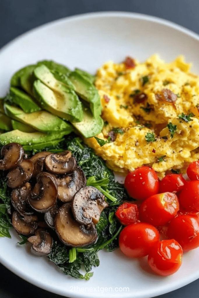 Healthy scrambled egg breakfast plate with creamy scrambled eggs, avocado slices, sautéed mushrooms, spinach, cherry tomatoes, parsley, and chili flakes.